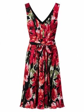 White House Black Market 00 Red Floral V-Neck Sleeveless Pleated Midi Dress Tie